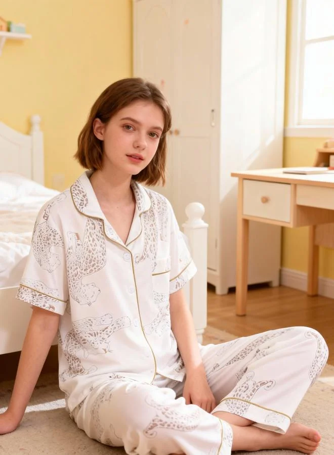 Take Two  Girls White Leopard Print Short Sleeve Shirt And Pyjama Set for Men | Best Price UAE