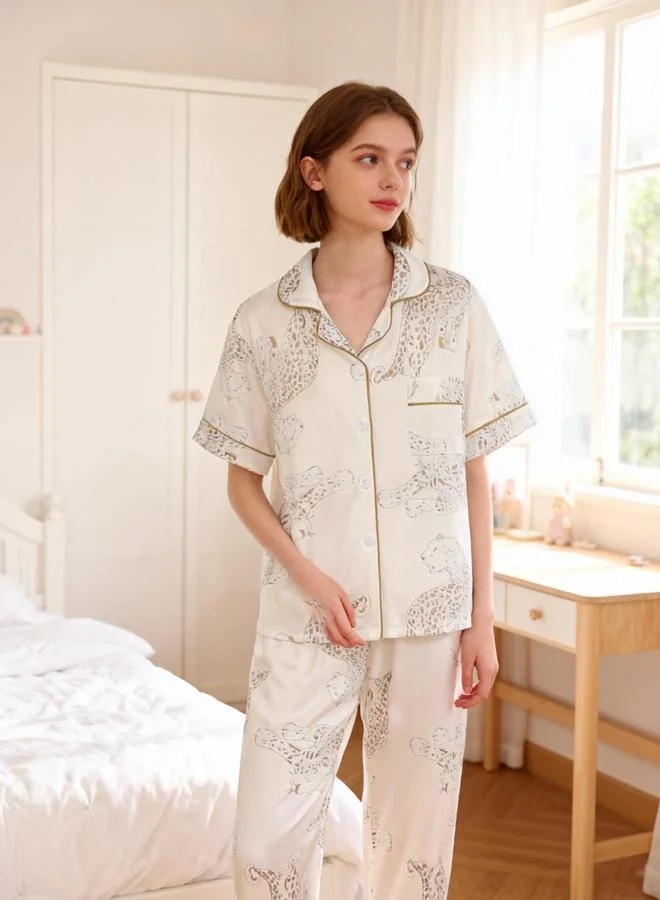 Take Two  Girls White Leopard Print Short Sleeve Shirt And Pyjama Set for Men | Best Price UAE