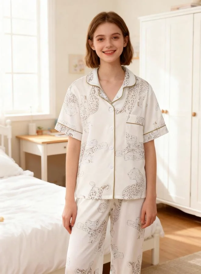 Take Two  Girls White Leopard Print Short Sleeve Shirt And Pyjama Set for Men | Best Price UAE