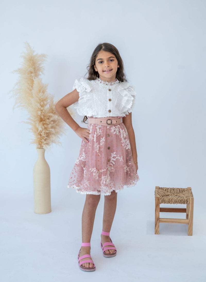 LALEENA Girls’ Stylish Pink Ruffle Lace Dress with Belt  - Image 1