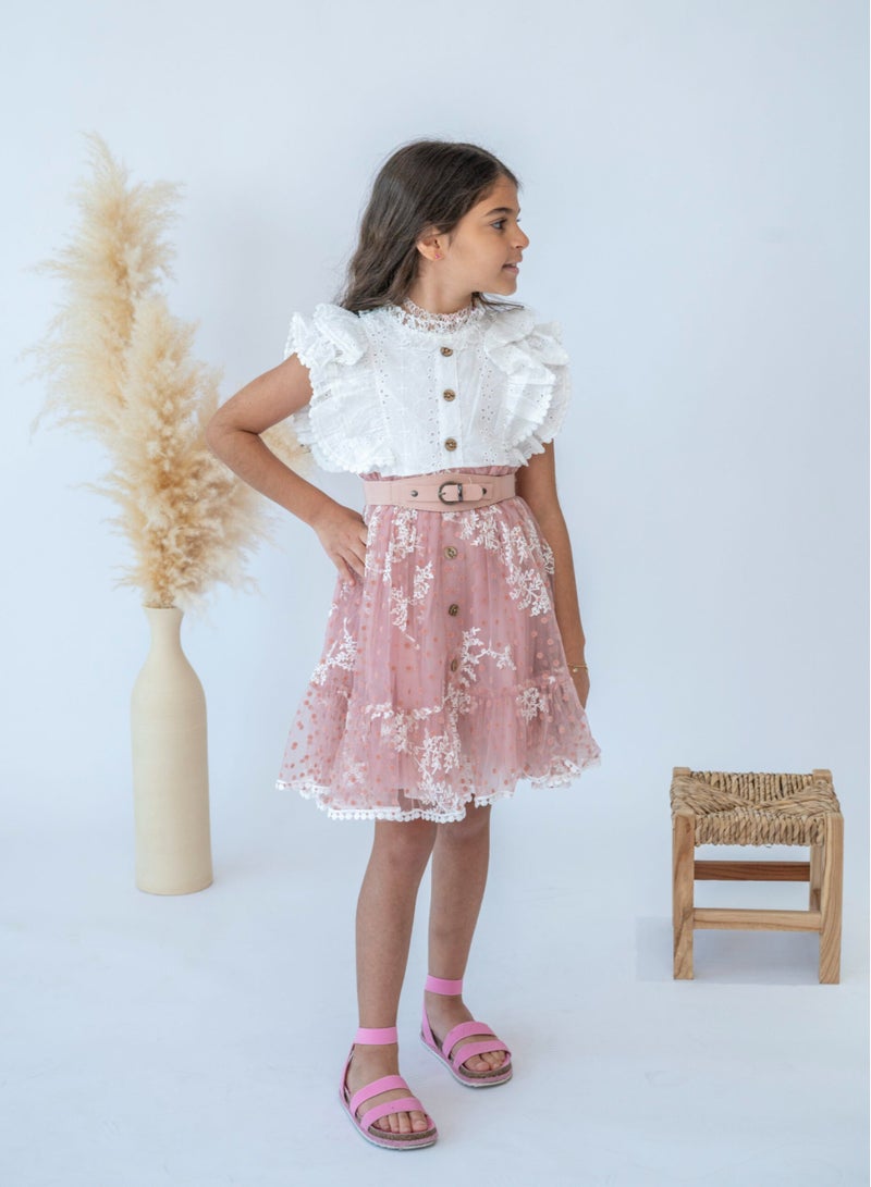 LALEENA Girls’ Stylish Pink Ruffle Lace Dress with Belt  - Image 2