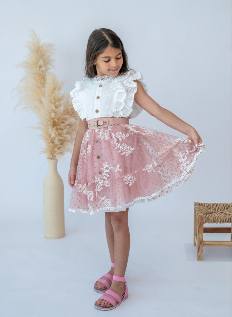 LALEENA Girls’ Stylish Pink Ruffle Lace Dress with Belt  - Image 3