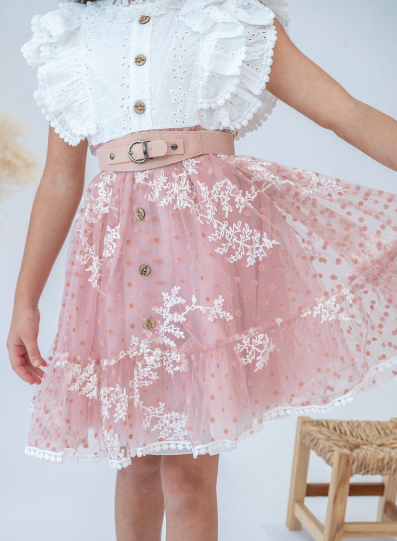 LALEENA Girls’ Stylish Pink Ruffle Lace Dress with Belt  - Image 5