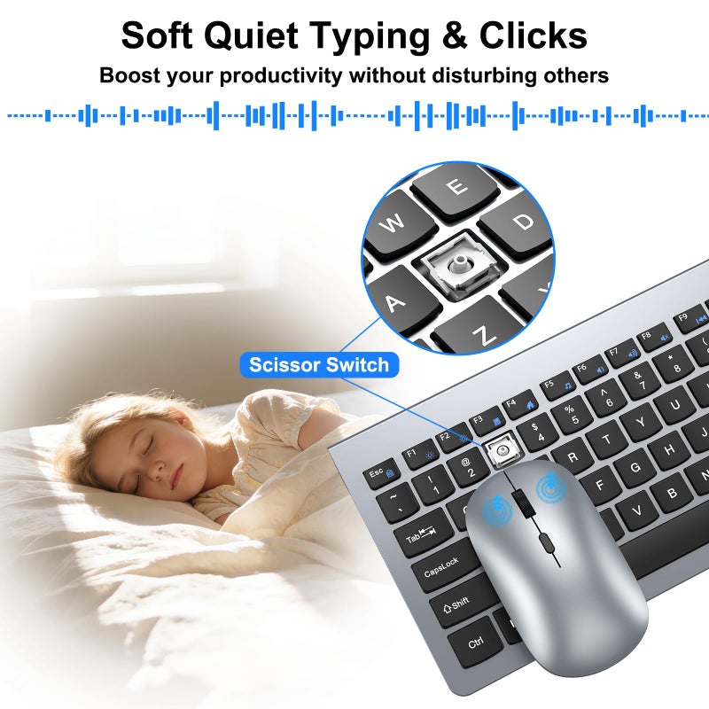 QUASIO Wireless Keyboard and Mouse Combo - Ultra-Slim Design Full Size Quiet Keyboard with 3 DPI Adjustable Wireless Mouse,Sleep Mode,2.4G Cordless Thin Keyboard Mouse Set for Windows,Mac,Laptop - Image 2
