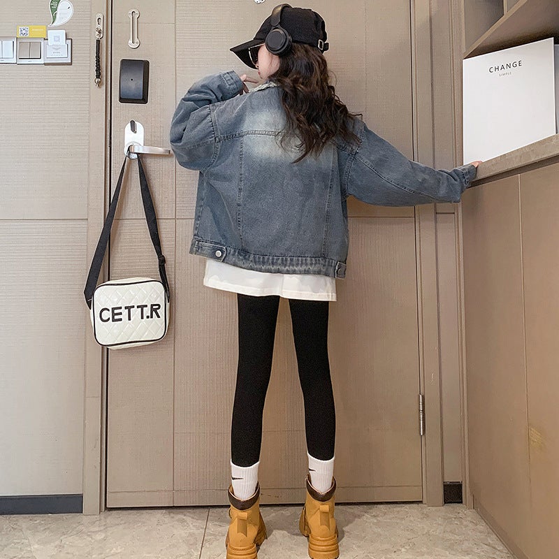 Girls' Coat 2024 Fashionable Girls' Korean-Style Casual Fur Edge Denim Coat Children'S Fashion - Image 4