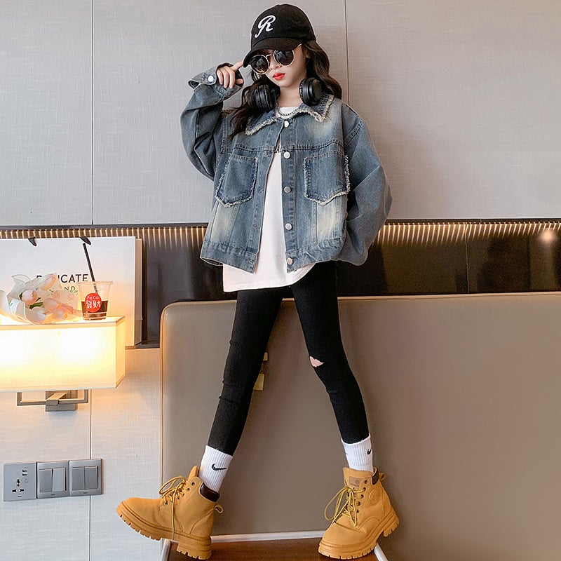 Girls' Coat 2024 Fashionable Girls' Korean-Style Casual Fur Edge Denim Coat Children'S Fashion - Image 5