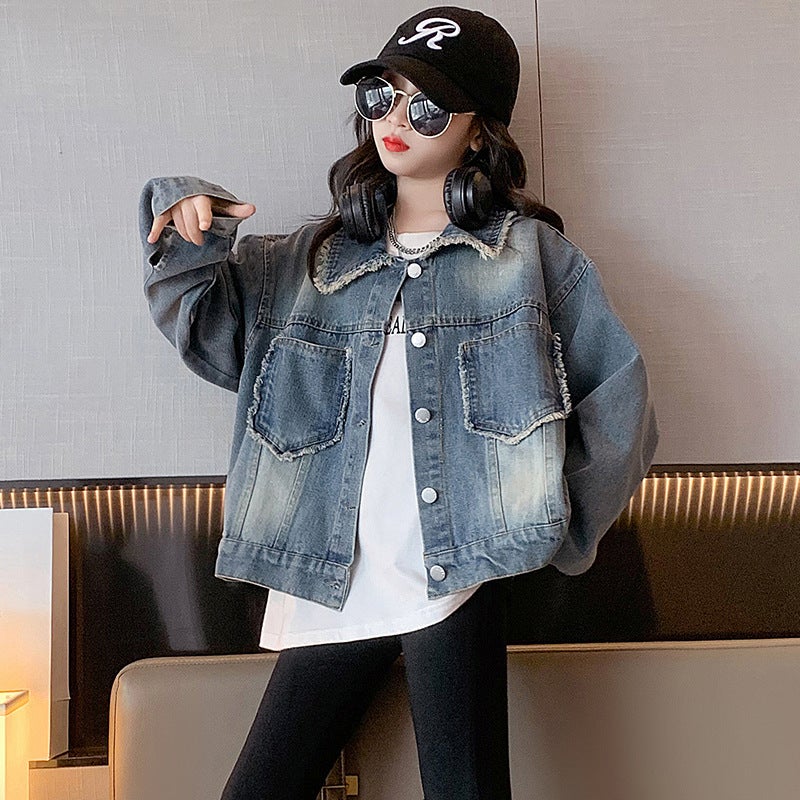 Girls' Coat 2024 Fashionable Girls' Korean-Style Casual Fur Edge Denim Coat Children'S Fashion - Image 1
