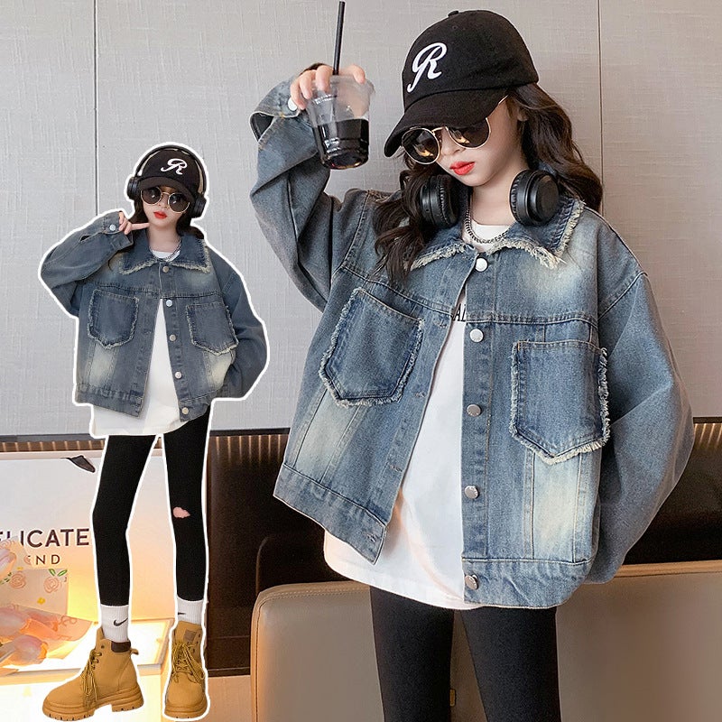 Girls' Coat 2024 Fashionable Girls' Korean-Style Casual Fur Edge Denim Coat Children'S Fashion - Image 2