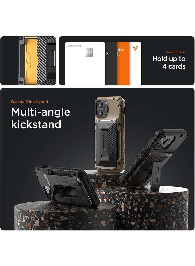 VRS Design Damda Glide Hybrid iPhone 15 PLUS Case Cover Wallet with Semi Automatic Credit Card Holder Slot [3-4 Cards] & Kickstand - Black Groove  - Image 2