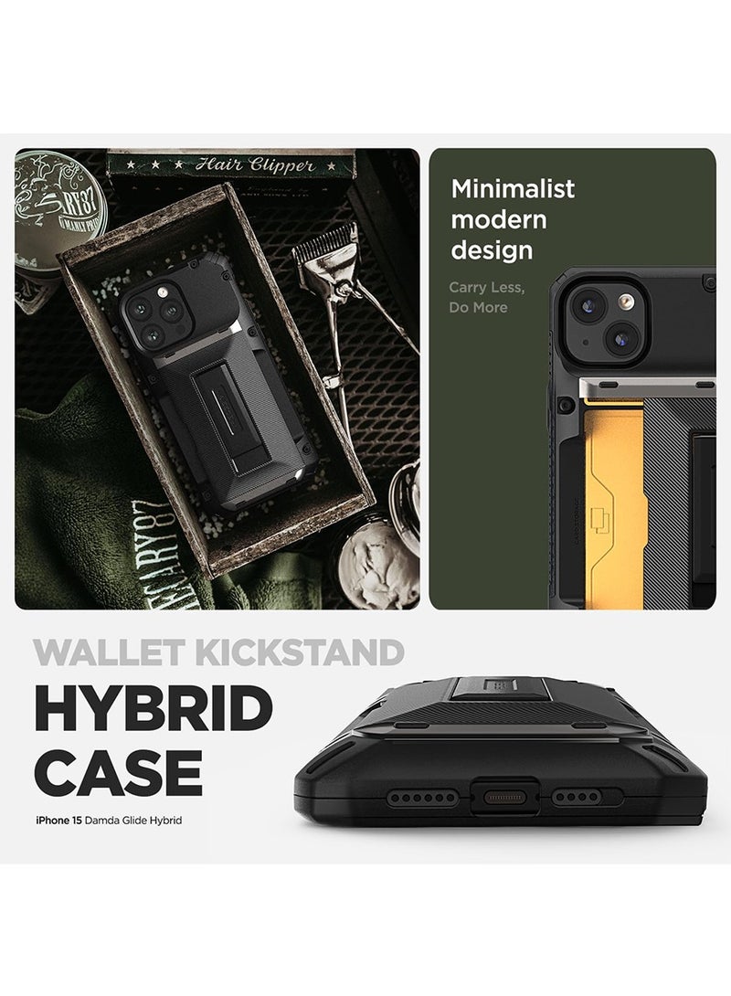 VRS Design Damda Glide Hybrid iPhone 15 PLUS Case Cover Wallet with Semi Automatic Credit Card Holder Slot [3-4 Cards] & Kickstand - Black Groove  - Image 4