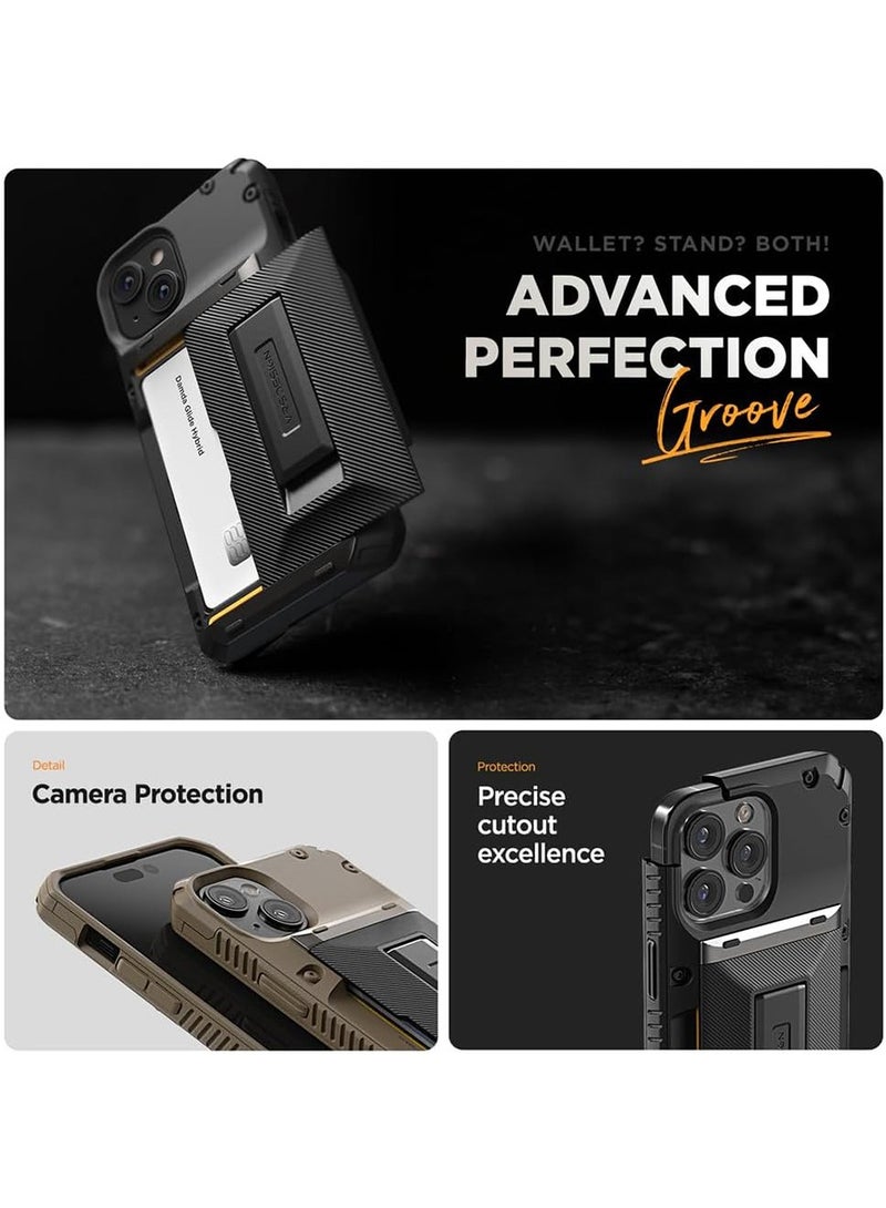 VRS Design Damda Glide Hybrid iPhone 15 PLUS Case Cover Wallet with Semi Automatic Credit Card Holder Slot [3-4 Cards] & Kickstand - Black Groove  - Image 3