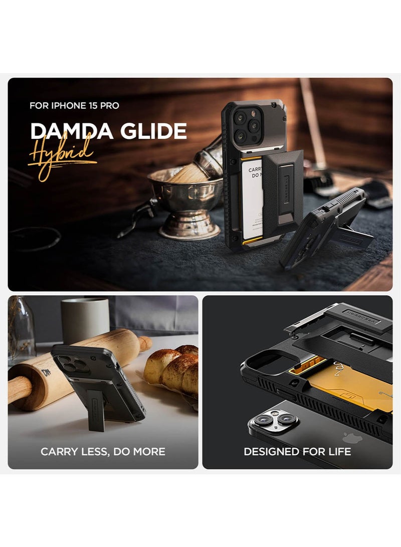 VRS Design Damda Glide Hybrid iPhone 15 PLUS Case Cover Wallet with Semi Automatic Credit Card Holder Slot [3-4 Cards] & Kickstand - Black Groove  - Image 5