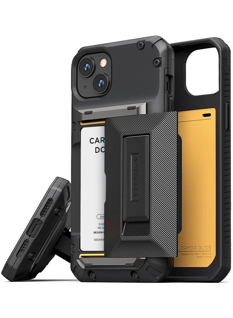 VRS Design Damda Glide Hybrid iPhone 15 PLUS Case Cover Wallet with Semi Automatic Credit Card Holder Slot [3-4 Cards] & Kickstand - Black Groove  - Image 1