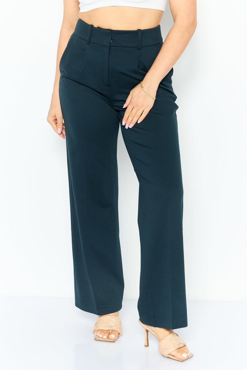 ESPRIT Women Regular Fit Plain Wide Leg Pants, Navy - Image 1