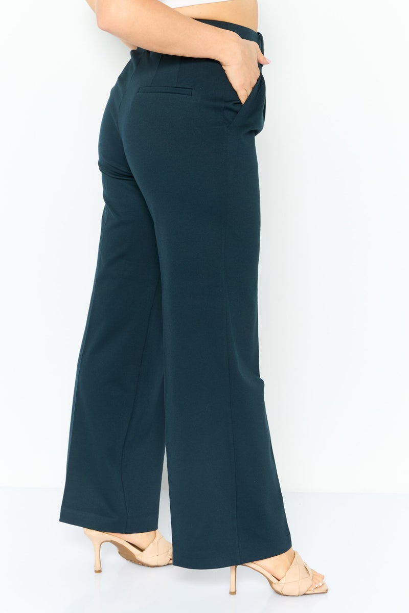 ESPRIT Women Regular Fit Plain Wide Leg Pants, Navy - Image 2