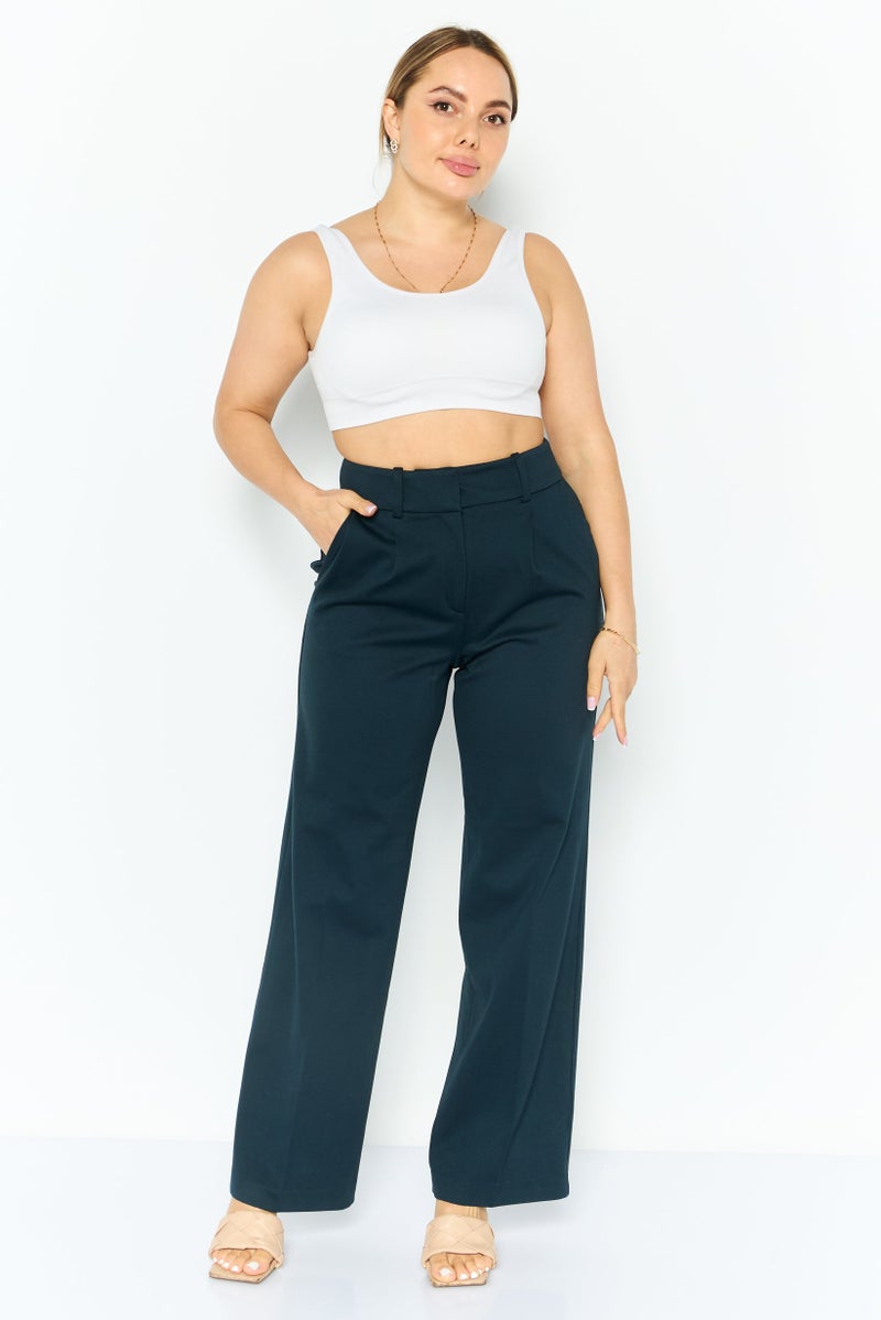 ESPRIT Women Regular Fit Plain Wide Leg Pants, Navy - Image 3