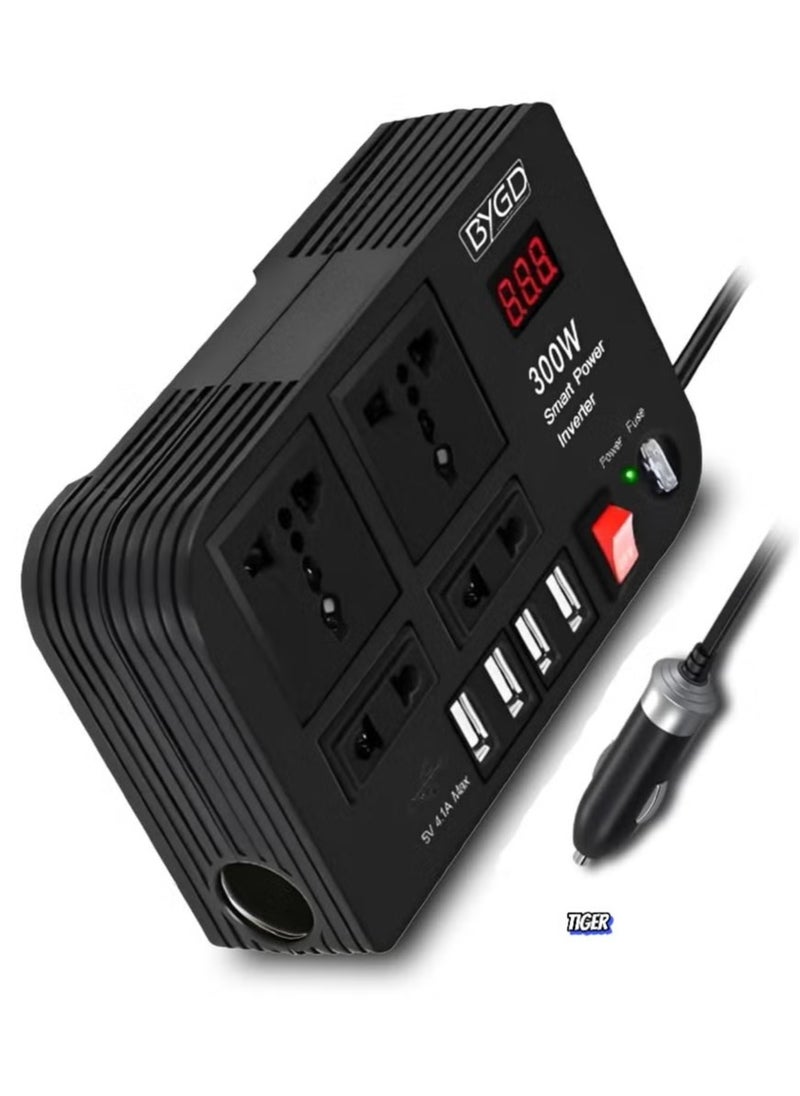TIGER 300W Car Power Inverter - DC 12V to 220V AC Converter with LED Display, 4 USB Ports, 4 Charger Outlets, Pure Sine Wave – Portable Charger for Cars, Trucks, RVs – Ideal for Charging Laptops, Phones, and Appliances  - Image 1