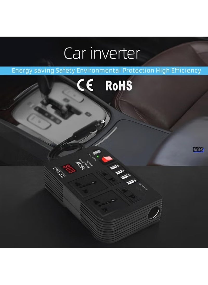 TIGER 300W Car Power Inverter - DC 12V to 220V AC Converter with LED Display, 4 USB Ports, 4 Charger Outlets, Pure Sine Wave – Portable Charger for Cars, Trucks, RVs – Ideal for Charging Laptops, Phones, and Appliances  - Image 2