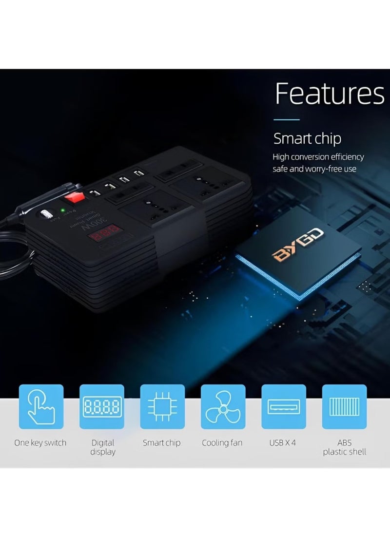 TIGER 300W Car Power Inverter - DC 12V to 220V AC Converter with LED Display, 4 USB Ports, 4 Charger Outlets, Pure Sine Wave – Portable Charger for Cars, Trucks, RVs – Ideal for Charging Laptops, Phones, and Appliances  - Image 3