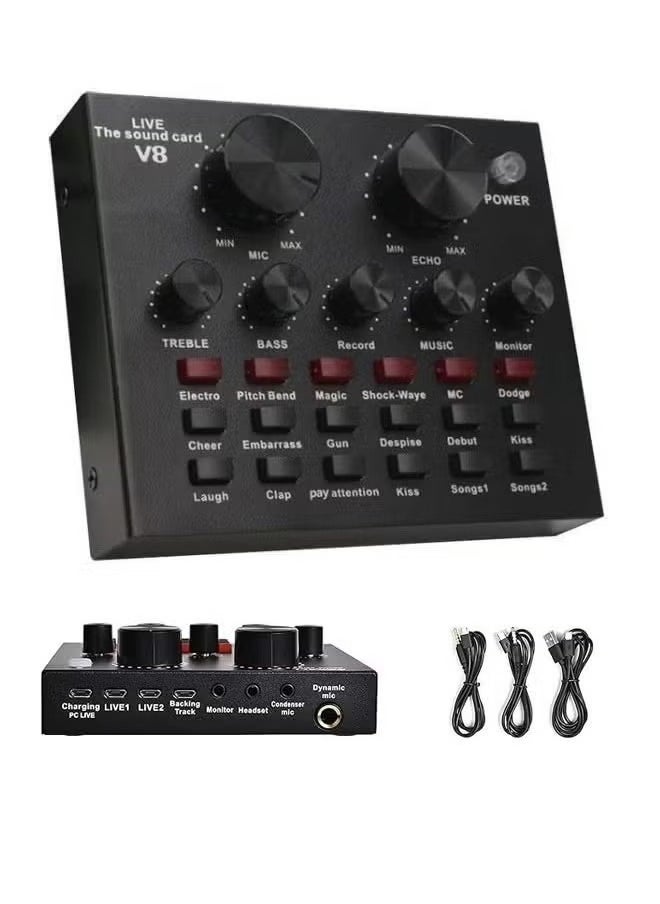 V8 External Sound Card USB Live External Sound Mixer Board Voice Changer Sound Card with Multiple Sound Effects for Live Recording Home KTV Voice Chat  - Image 1