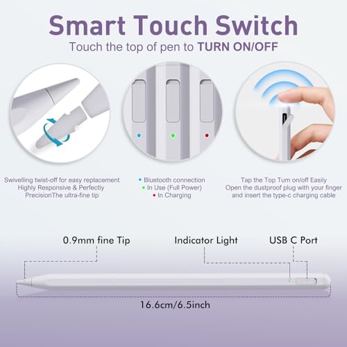 Uogic Stylus Pen for iPad with Palm Rejection, Rechargeable, Active Pen for iPad 6/7/8/9/10, Pro 11"/12.9"/M4, Air M2/3rd/4th/5th, mini 5th/6th - Image 3