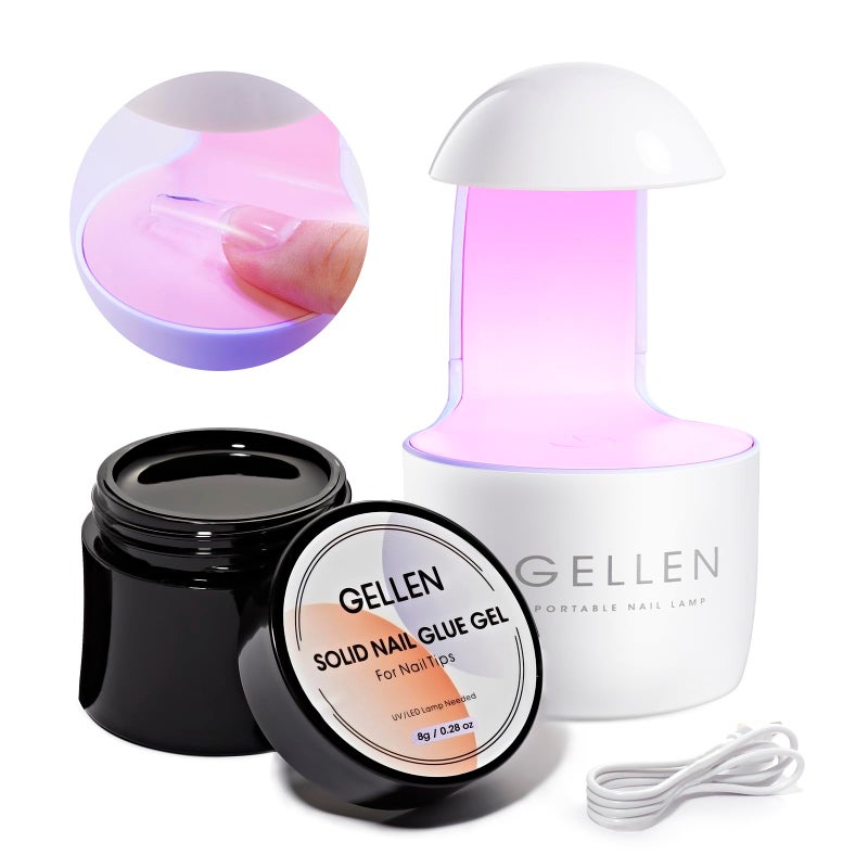 Gellen طقم جل لاصق للأظافر من جيلين - 8 جرام جل ومصباح LED صغير 8 واط للأظافر المعالجة، لاصق ضغط لنصائح الأكريليك المزيفة، فن الصالون افعلها بنفسك في المنزل - Image 1
