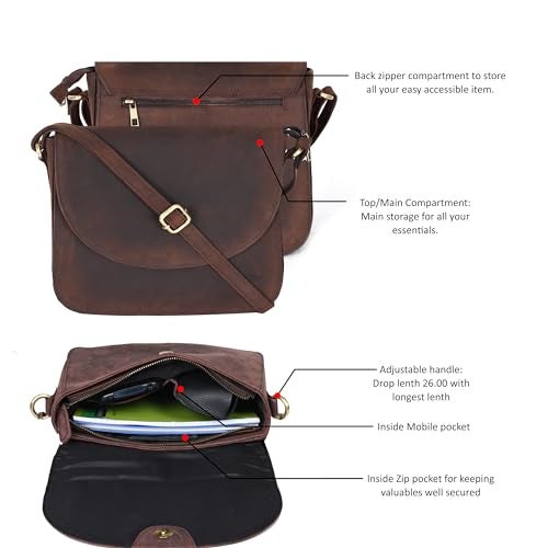 Ozora Handmade Leather Crossover Purse/Bag for Women with Adjustable Strap, YKK Zippers & Spacious Pockets - Image 4