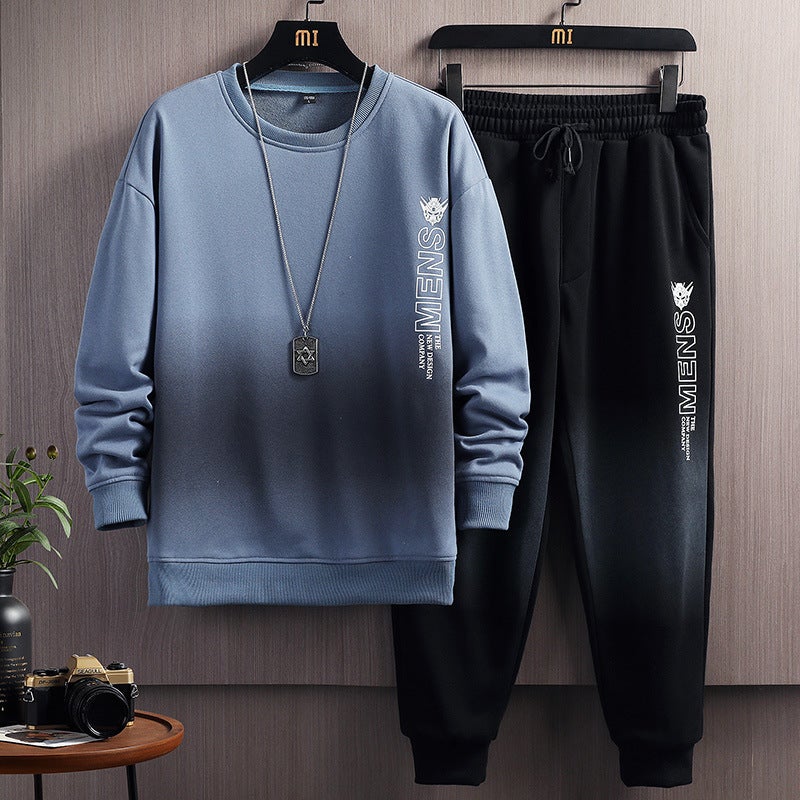 Sports Suit Mens 2024 Spring and Autumn New Youth Fashion Gradual Change Letter Round Neck Sweatshirt Casual Suit Mens 0750 black - Image 2