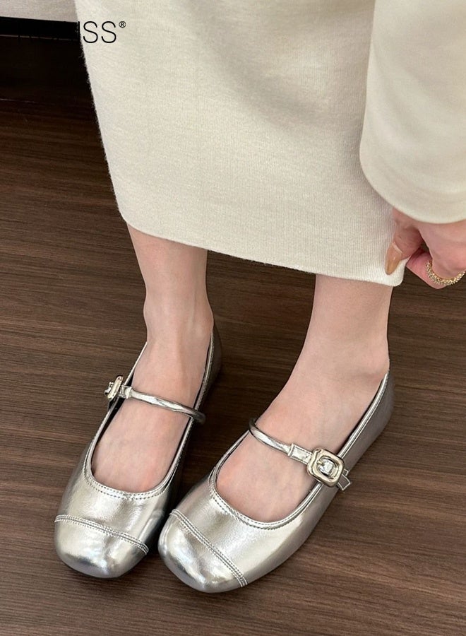 roaiss Metallic Silver Mary Jane Flats for Women Round Toe with Block Square Strap Low Cut Slip Resistant Comfort Walk Casual Shoes Retro Classic Modern Flat Shoes Versatile Daily - Image 3