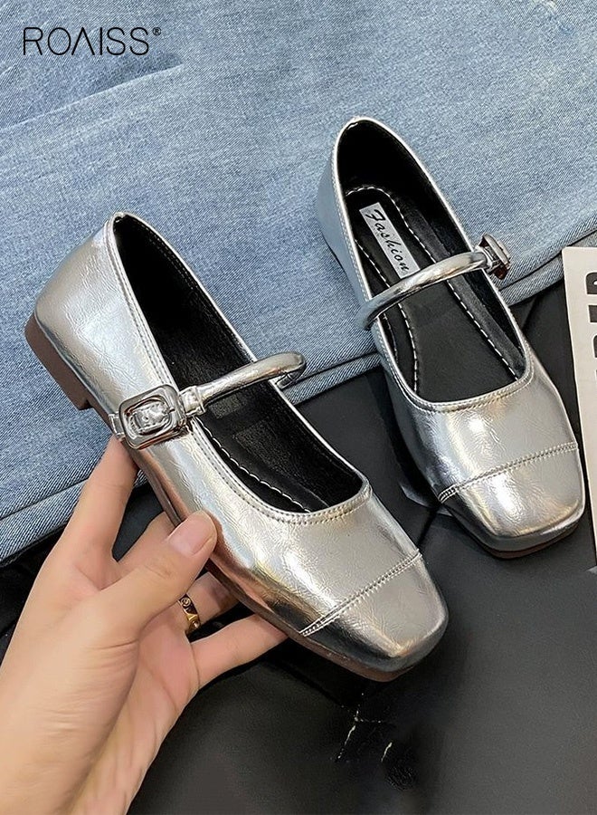 roaiss Metallic Silver Mary Jane Flats for Women Round Toe with Block Square Strap Low Cut Slip Resistant Comfort Walk Casual Shoes Retro Classic Modern Flat Shoes Versatile Daily - Image 5