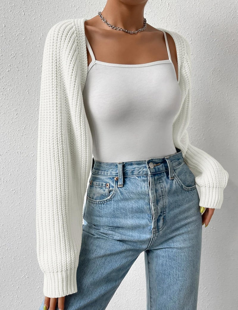 SECRETEYARD Women's Long Sleeve Open Front Knitted Crop Cardigan Drop Shoulder Knit Bolero Shrug Sweater Cream White - Image 3