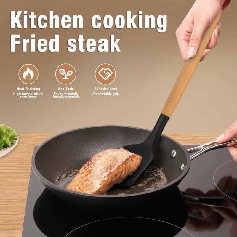 AVGPD Silicone Cooking Utensils Set - Silicone Kitchen Utensils for Cooking Wooden Handles, 446°F Heat Resistant Kitchen Utensil Spatula Sets w Holder, Gadgets for Non-Stick Cookware BPA FREE (Black) - Image 3