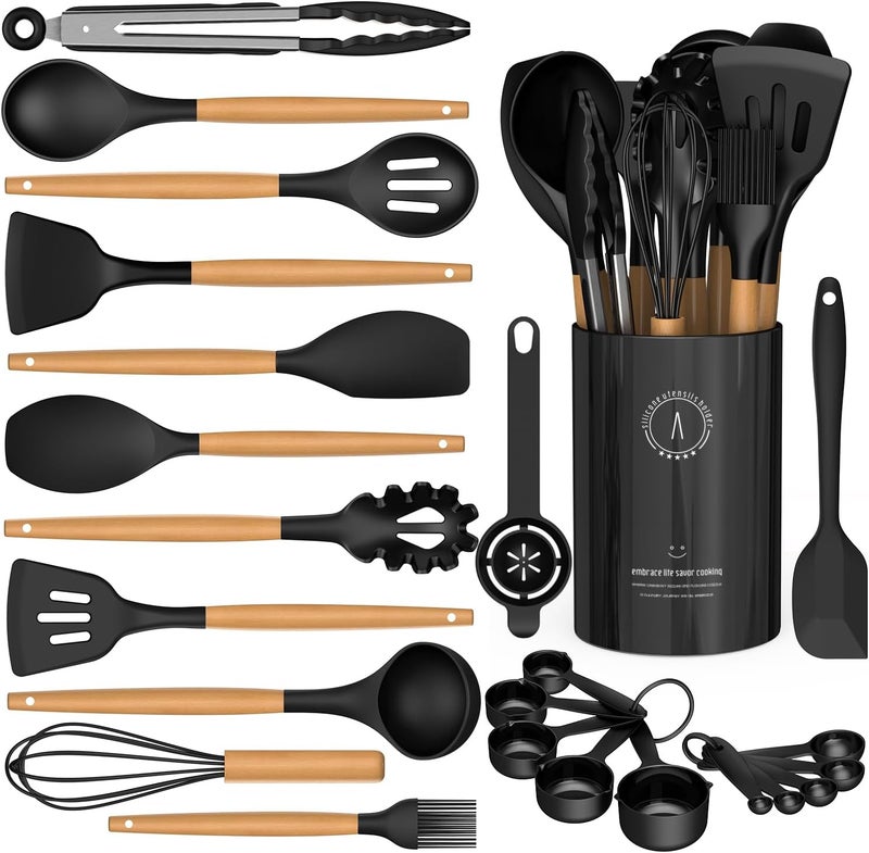 AVGPD Silicone Cooking Utensils Set - Silicone Kitchen Utensils for Cooking Wooden Handles, 446°F Heat Resistant Kitchen Utensil Spatula Sets w Holder, Gadgets for Non-Stick Cookware BPA FREE (Black) - Image 1