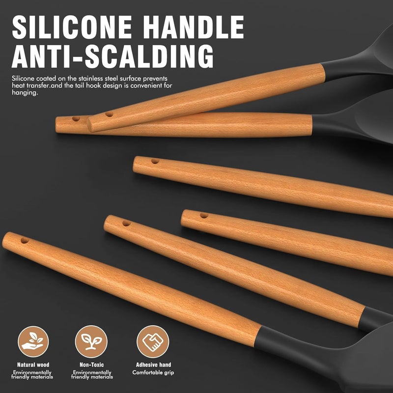AVGPD Silicone Cooking Utensils Set - Silicone Kitchen Utensils for Cooking Wooden Handles, 446°F Heat Resistant Kitchen Utensil Spatula Sets w Holder, Gadgets for Non-Stick Cookware BPA FREE (Black) - Image 2