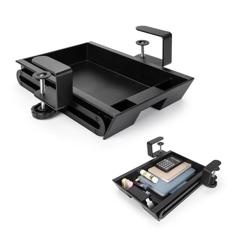 EHO Under Desk Slide-Out Storage Drawer, Small 11.7"x8.2" Pull-Out Organizer with Smooth Sliding Rail, Adjustable C-Clamp Mount, Black Tray for Home Office & Standing Desk - Image 1