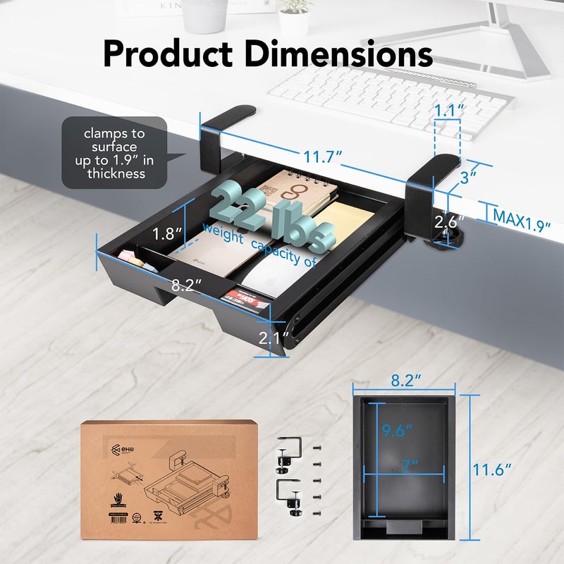 EHO Under Desk Slide-Out Storage Drawer, Small 11.7"x8.2" Pull-Out Organizer with Smooth Sliding Rail, Adjustable C-Clamp Mount, Black Tray for Home Office & Standing Desk - Image 3