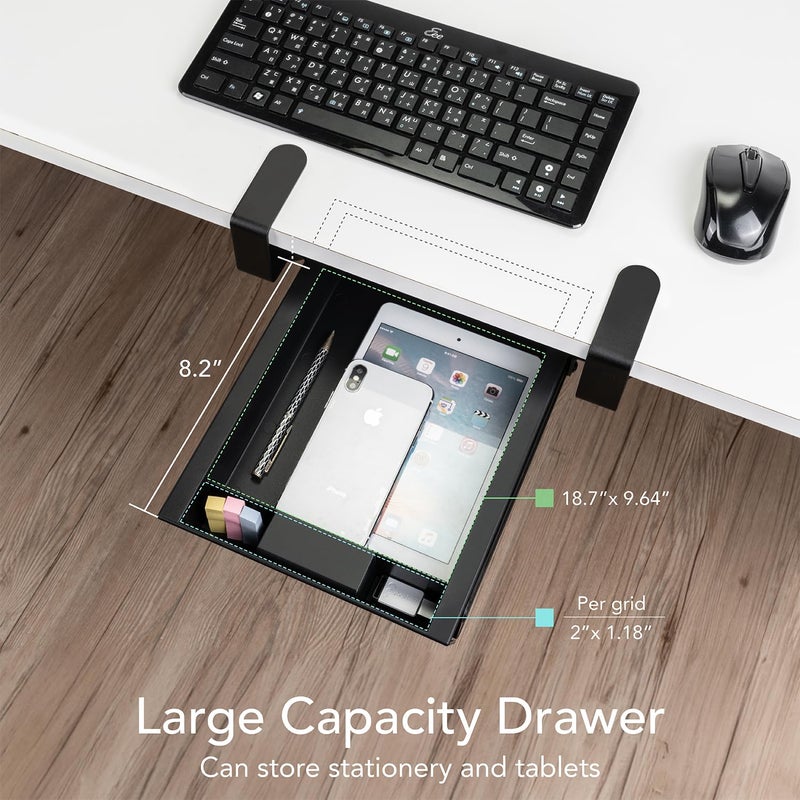 EHO Under Desk Slide-Out Storage Drawer, Small 11.7"x8.2" Pull-Out Organizer with Smooth Sliding Rail, Adjustable C-Clamp Mount, Black Tray for Home Office & Standing Desk - Image 5