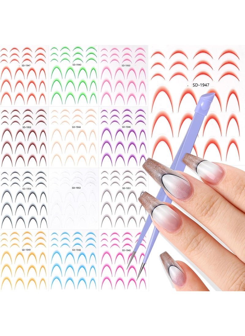 U-Shinein 12 Colors French Tip Nail Stickers, 2 Designs Gradient French Tip Stickers with Tweezer, 3D Self-Adhesive French Tip Line French Nail Tips Decals Guides Stripe for DIY Nail Art Decoration 