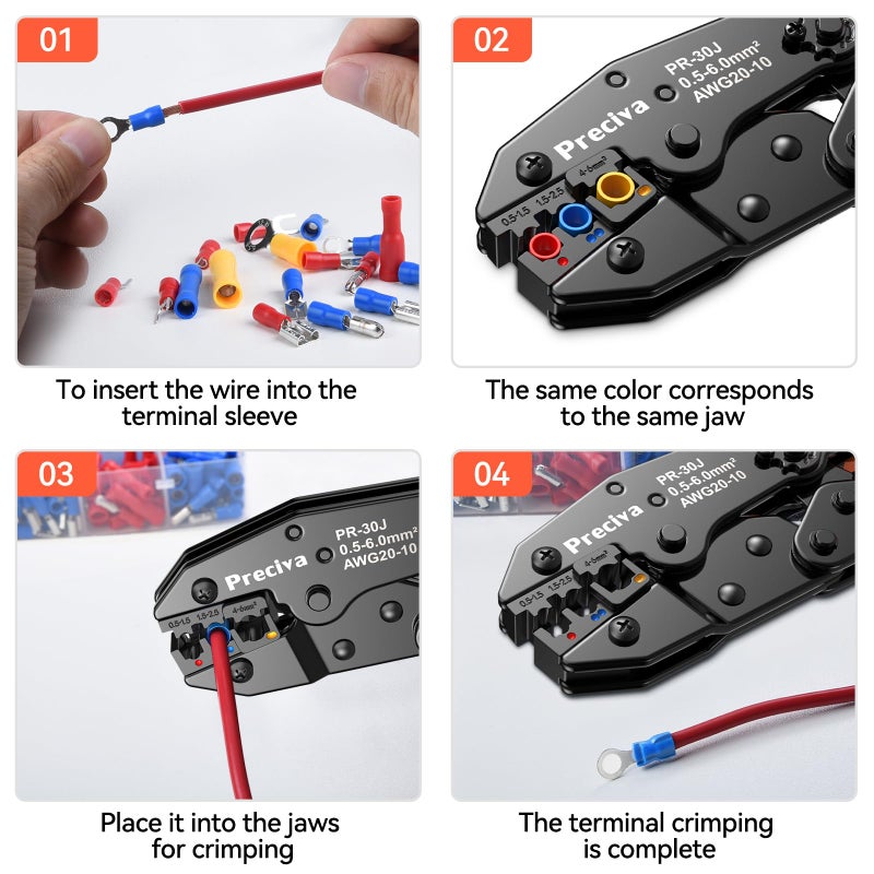 Preciva Wire Terminals Crimping Tool Kit with New Handle Design, AWG20-10 Insulated Ratcheting Crimper Tool with 370 PCS Insulated Wire Connectors - Image 5