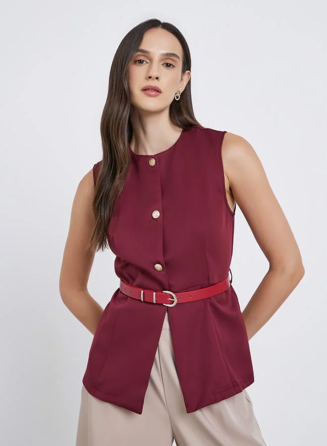 Styli Styli Round Neck Buttoned Waistcoat with Belt