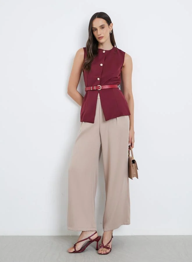 Styli Styli Round Neck Buttoned Waistcoat with Belt