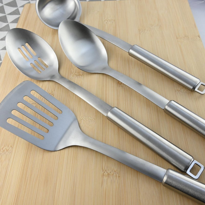 MUJINON 18/0 Stainless Steel Kitchen Cooking Utensil Set, Ergonomic Handle, Dishwasher Safe, Slotted Spoon, Ladle, Turner, Serving Spoon for Housewarming Daily Use Commercial, Pack of 4 - Image 5