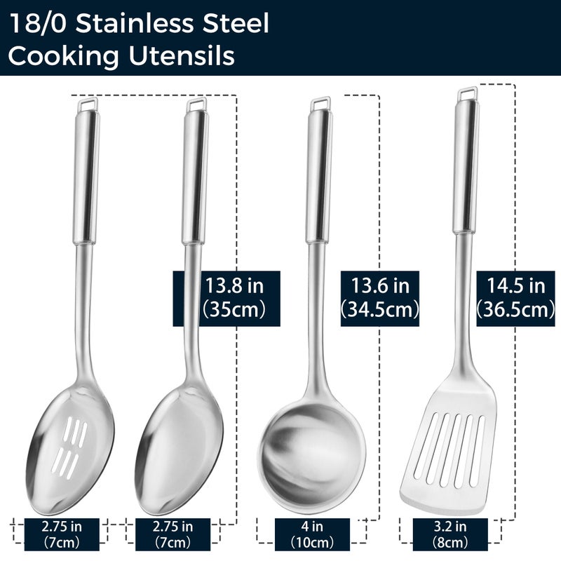MUJINON 18/0 Stainless Steel Kitchen Cooking Utensil Set, Ergonomic Handle, Dishwasher Safe, Slotted Spoon, Ladle, Turner, Serving Spoon for Housewarming Daily Use Commercial, Pack of 4 - Image 3