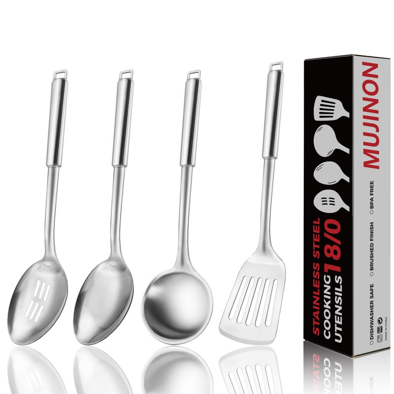 MUJINON 18/0 Stainless Steel Kitchen Cooking Utensil Set, Ergonomic Handle, Dishwasher Safe, Slotted Spoon, Ladle, Turner, Serving Spoon for Housewarming Daily Use Commercial, Pack of 4 - Image 1