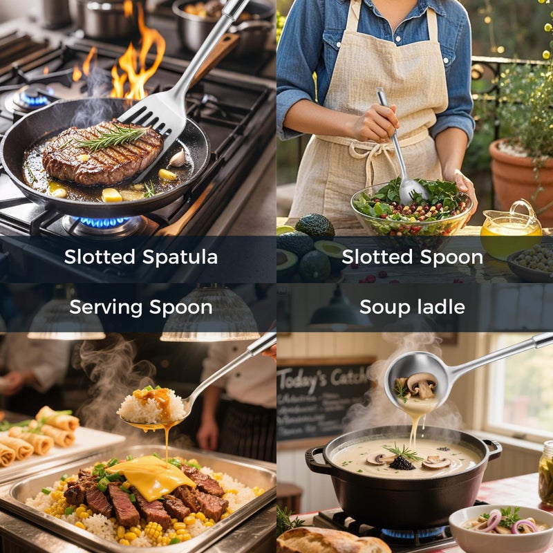 MUJINON 18/0 Stainless Steel Kitchen Cooking Utensil Set, Ergonomic Handle, Dishwasher Safe, Slotted Spoon, Ladle, Turner, Serving Spoon for Housewarming Daily Use Commercial, Pack of 4 - Image 4