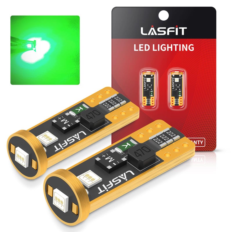 لمبة LED LASFIT 194 168 T10 2825 W5W خالية من أخطاء Canbus مع شرائح 3030 خالية من الأخطاء للإضاءة الداخلية للسيارة، ضوء القبة، خريطة، باب، ضوء مجاملة، غير قطبي، 400LM، 6000K، لون أخضر ساطع للغاية