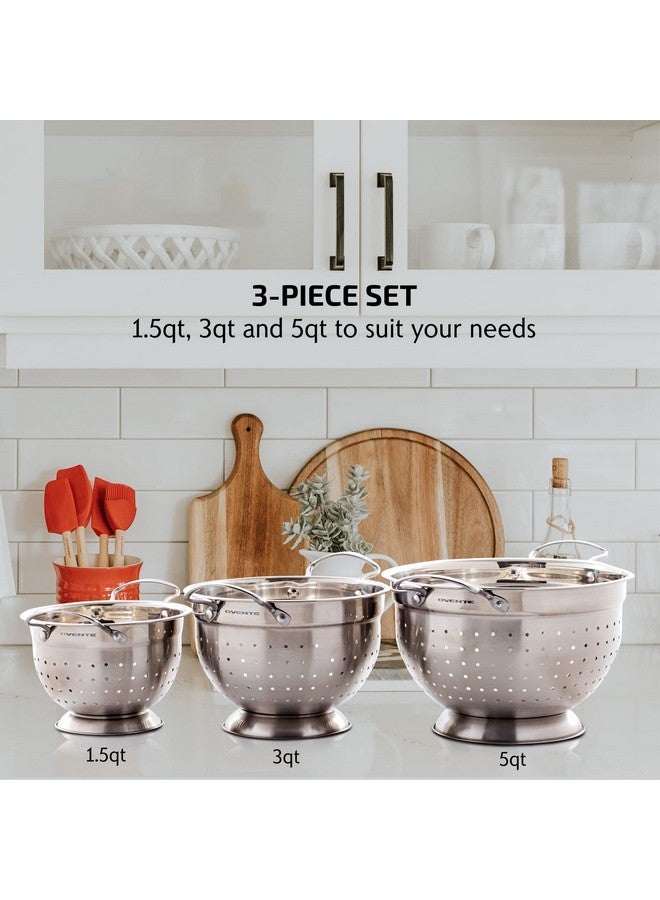 OVENTE Premium Stainless Steel Colander Set of 3 with Comfortable Large Handles, 1.5, 3, 5 Quarts Essential Kitchen Strainer for Draining Spaghetti Pasta, Rinsing Vegetables or Fruits, Silver C46263S - Image 3