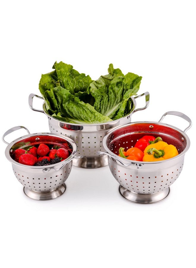 OVENTE Premium Stainless Steel Colander Set of 3 with Comfortable Large Handles, 1.5, 3, 5 Quarts Essential Kitchen Strainer for Draining Spaghetti Pasta, Rinsing Vegetables or Fruits, Silver C46263S - Image 1