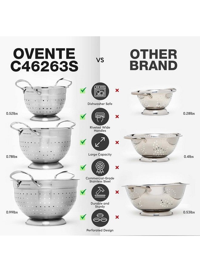 OVENTE Premium Stainless Steel Colander Set of 3 with Comfortable Large Handles, 1.5, 3, 5 Quarts Essential Kitchen Strainer for Draining Spaghetti Pasta, Rinsing Vegetables or Fruits, Silver C46263S - Image 5