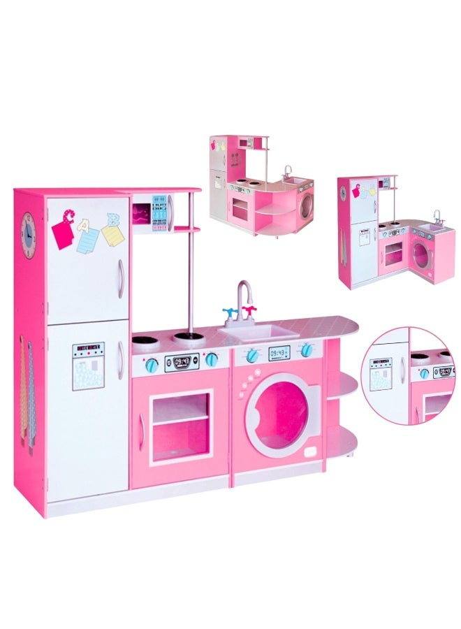 Realistic all-in-one play kitchen for kids - Large size 140 x 30 x 101 cm - Includes sink, faucet, appliances, and storage shelves - Bright pink and white colors to develop imagination and creativity and teach organizational skills and self-reliance